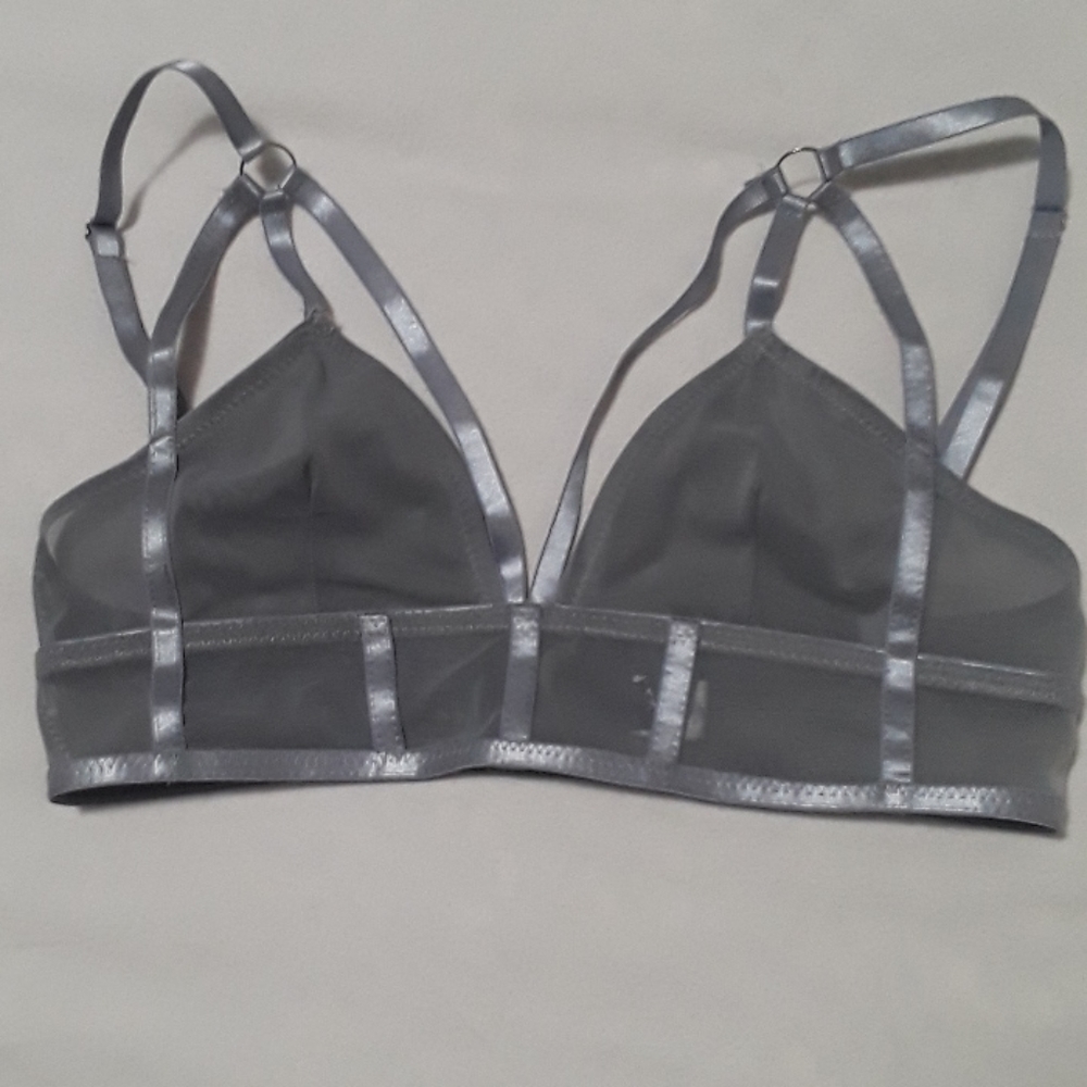 Gray mesh & satin strappy unpadded bra